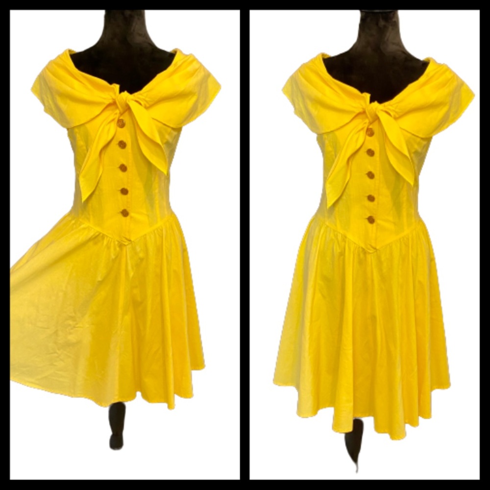 1980s Nautical Military Dress Sunny Yellow Pockets Fit and Flare Vintage Collar